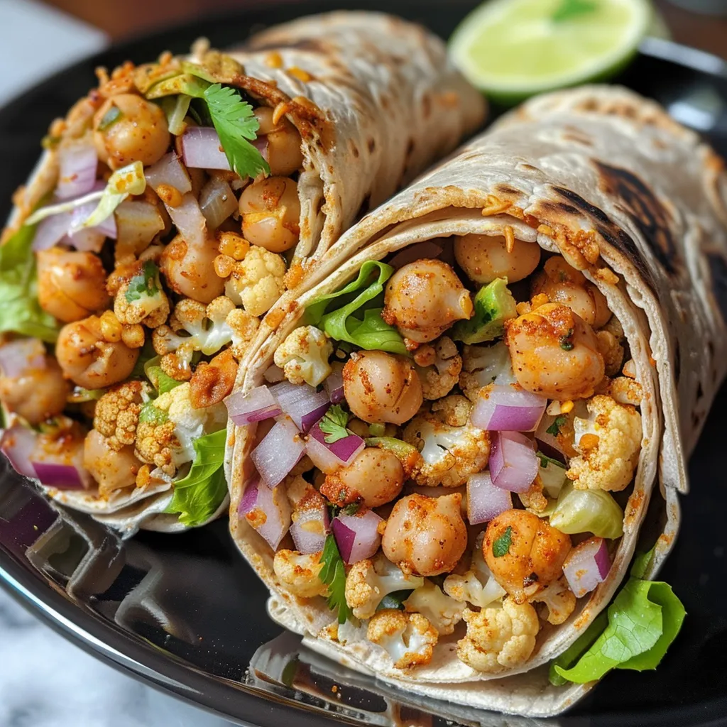 Close-up view of zesty chili lime chickpea cauliflower wraps filled with fresh ingredients.