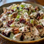 ['Close-up side view of a colorful turkey salad with cranberries and pecans.', 'Juicy turkey salad featuring diced turkey, green onions, and nuts.', 'Detailed image of a vibrant turkey salad with mayonnaise and fresh herbs.', 'Side view of a hearty turkey salad loaded with cranberries and celery.']