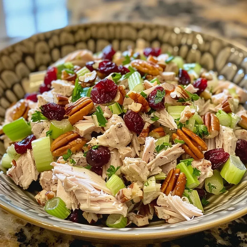 Close-up side view of a colorful turkey salad with cranberries and pecans.