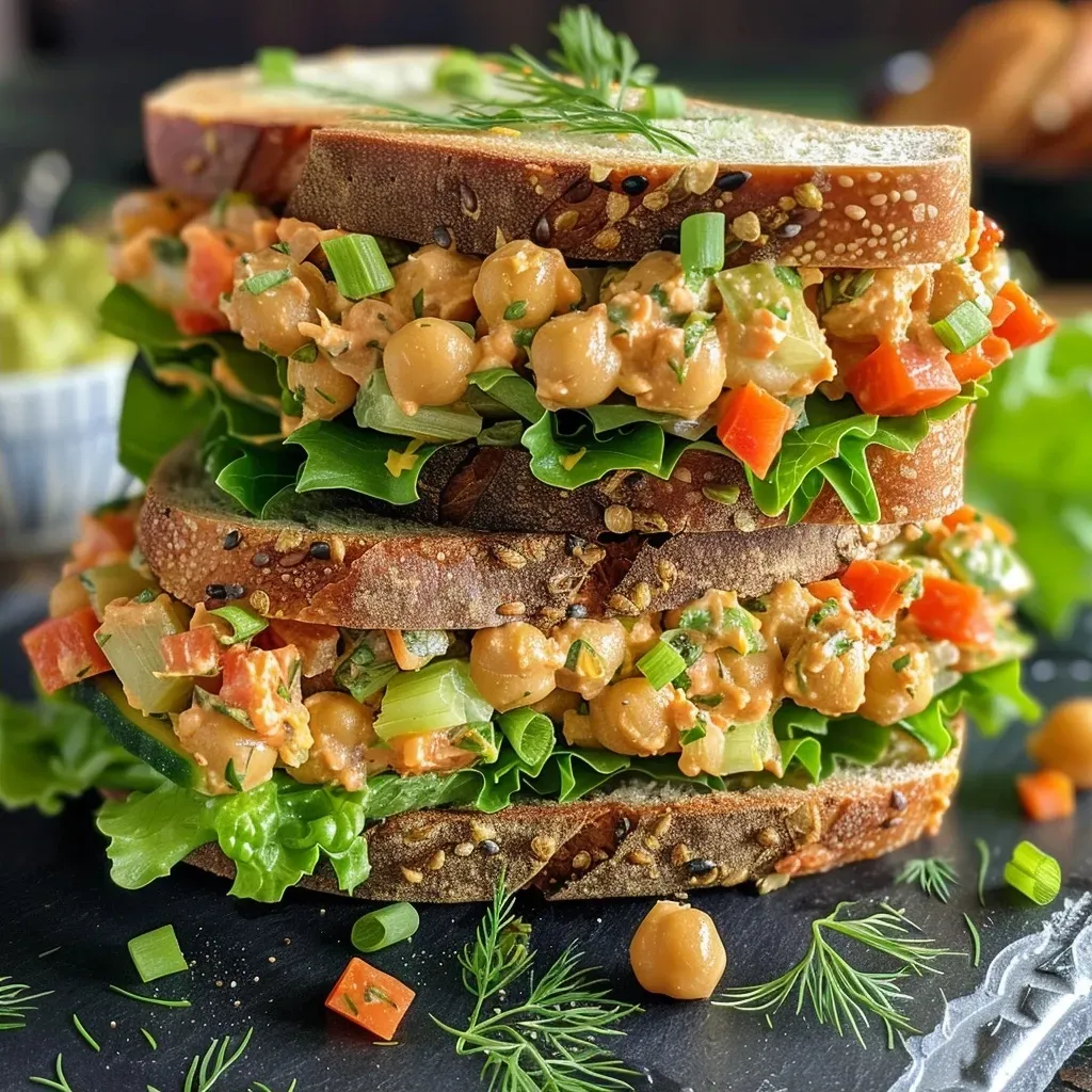 A close-up side view of a vegan chickpea salad sandwich on whole grain bread, filled with lentils, chickpeas, and fresh vegetables.