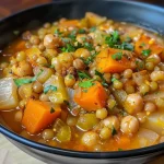 ['Close-up view of a bowl of vegan Harira soup with visible chickpeas and lentils.', 'Side view of a delicious Vegan Harira filled with colorful vegetables and spices.', 'Juicy Vegan Harira soup presented in a rustic bowl, showcasing its rich ingredients.', 'Detailed photo of vibrant Vegan Harira soup, highlighting its fresh herbs and ingredients.']