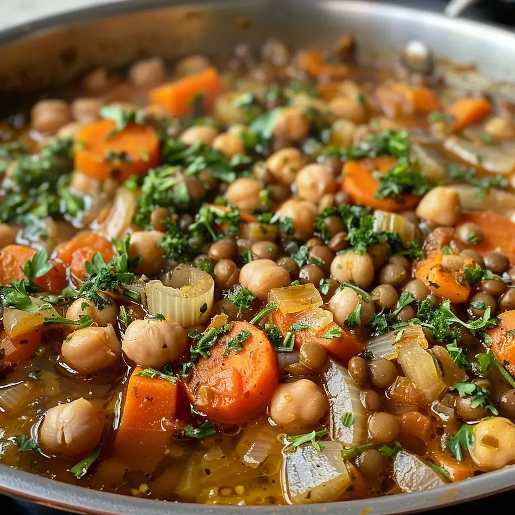 ['Close-up view of a bowl of vegan Harira soup with visible chickpeas and lentils.', 'Side view of a delicious Vegan Harira filled with colorful vegetables and spices.', 'Juicy Vegan Harira soup presented in a rustic bowl, showcasing its rich ingredients.', 'Detailed photo of vibrant Vegan Harira soup, highlighting its fresh herbs and ingredients.']