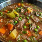 ['Close-up view of a steaming bowl of vegetable beef soup with colorful vegetables and tender beef.', 'Side perspective of a hearty vegetable beef soup, highlighting the vibrant ingredients and rich broth.', 'Detailed photo of a bowl filled with vegetable beef soup, featuring fresh vegetables and juicy beef chunks.', 'Close-up image of a delicious vegetable beef soup, showcasing the variety of vegetables and spices used.']