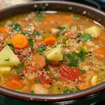 ['Close-up view of a bowl of colorful Vegetable Quinoa Soup with visible vegetables and quinoa.', 'Side view of Vegetable Quinoa Soup featuring vibrant carrots, celery, and leafy spinach.', 'Detailed shot of a hearty Vegetable Quinoa Soup, showcasing its rich textures and ingredients.', 'Appetizing image of Vegetable Quinoa Soup in a bowl, highlighting the blend of fresh vegetables and grains.']
