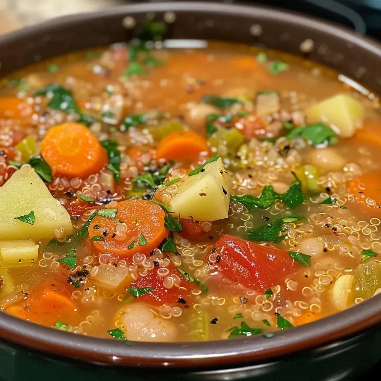 ['Close-up view of a bowl of colorful Vegetable Quinoa Soup with visible vegetables and quinoa.', 'Side view of Vegetable Quinoa Soup featuring vibrant carrots, celery, and leafy spinach.', 'Detailed shot of a hearty Vegetable Quinoa Soup, showcasing its rich textures and ingredients.', 'Appetizing image of Vegetable Quinoa Soup in a bowl, highlighting the blend of fresh vegetables and grains.']