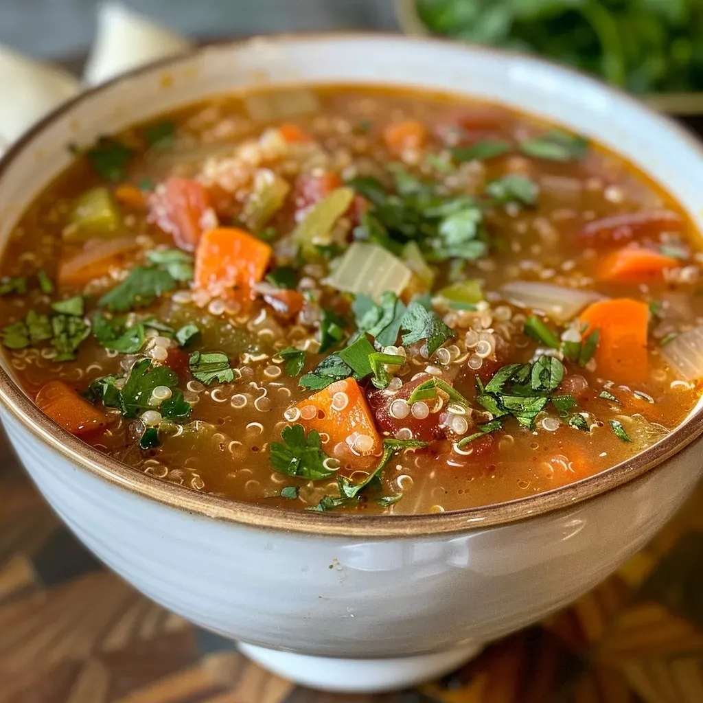 Close-up view of a bowl of colorful Vegetable Quinoa Soup with visible vegetables and quinoa.