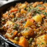 ['Close-up side view of a Vegetarian Lentil Casserole topped with melted cheese and fresh parsley.', 'Juicy Vegetarian Lentil Casserole in a baking dish, featuring layers of lentils, vegetables, and creamy cheese.', 'A vibrant Vegetarian Lentil Casserole filled with green lentils, potatoes, and colorful vegetables, served warm.', 'Delicious Vegetarian Lentil Casserole showcasing golden melted cheese and garnished with parsley.']