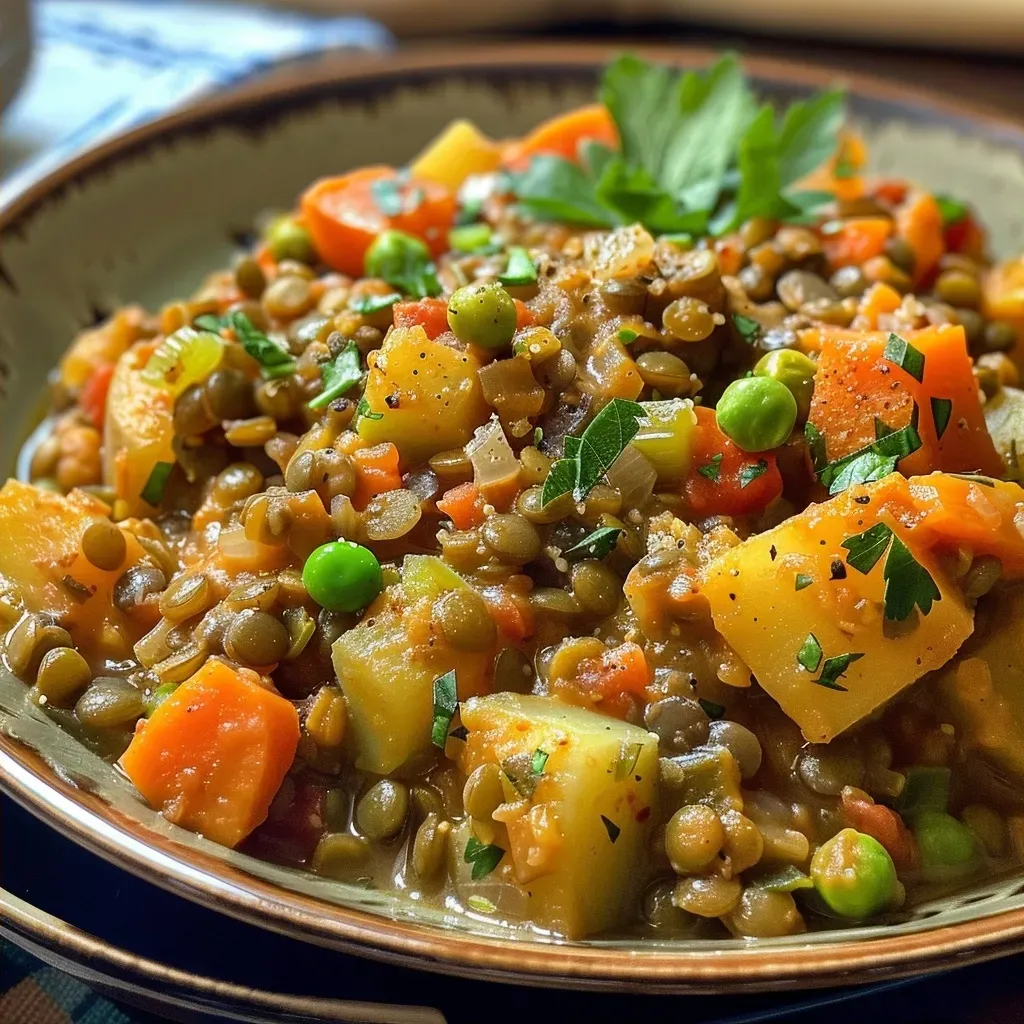 Close-up side view of a Vegetarian Lentil Casserole topped with melted cheese and fresh parsley.
