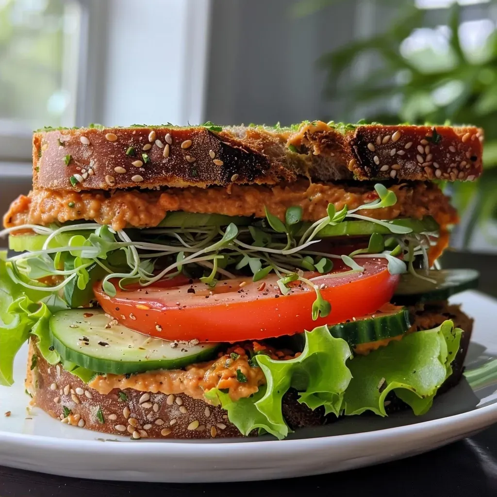 Close-up view of a Veggie Mediterranean Sandwich showcasing fresh ingredients.