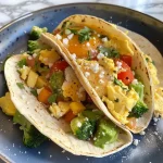 ['Close-up view of a juicy Veggie Packed Breakfast Taco filled with vibrant vegetables and egg.', 'Side angle of a delicious breakfast taco showcasing a colorful mix of ingredients inside a tortilla.', 'Detailed image of a breakfast taco bursting with fresh vegetables, egg, and melted cheese.', 'Close-up of a tortilla filled with a savory egg and veggie mixture, ready to be enjoyed.']