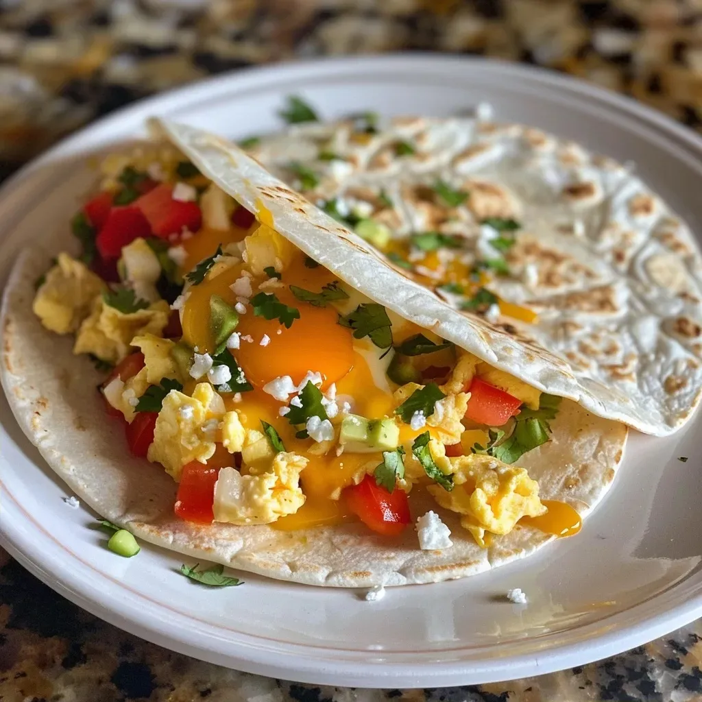 Close-up view of a juicy Veggie Packed Breakfast Taco filled with vibrant vegetables and egg.