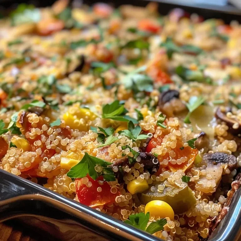 ['Close-up view of a colorful veggie-packed quinoa casserole with golden cheese on top.', 'Side view of a hearty quinoa casserole filled with vibrant vegetables and a crispy crust.', 'Delicious quinoa casserole with a mix of vegetables, displayed in a baking dish, with melted cheese topping.', 'Juicy quinoa casserole showcasing bright veggies and a golden-brown topping, captured in natural light.']