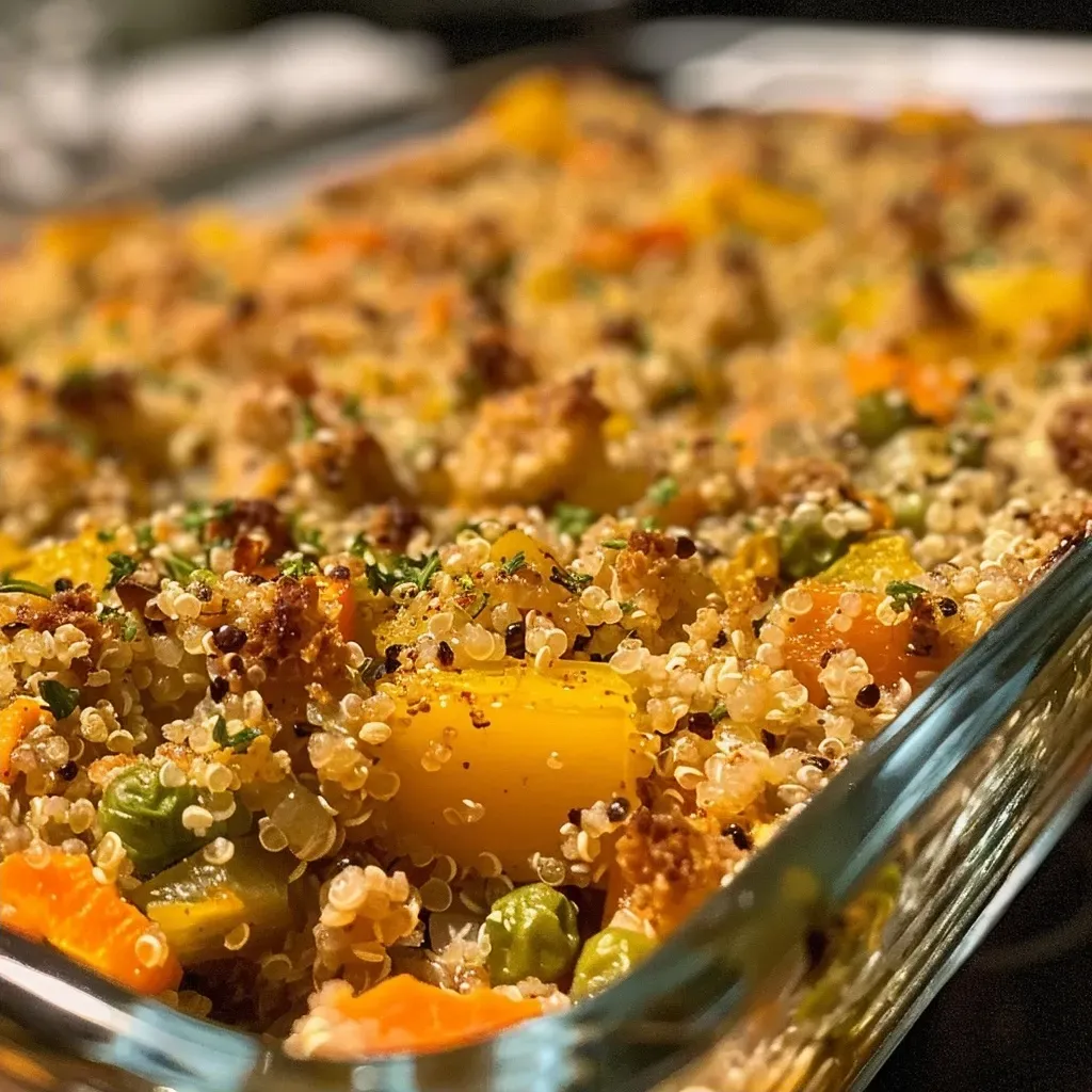 ['Close-up view of a colorful veggie-packed quinoa casserole with golden cheese on top.', 'Side view of a hearty quinoa casserole filled with vibrant vegetables and a crispy crust.', 'Delicious quinoa casserole with a mix of vegetables, displayed in a baking dish, with melted cheese topping.', 'Juicy quinoa casserole showcasing bright veggies and a golden-brown topping, captured in natural light.']