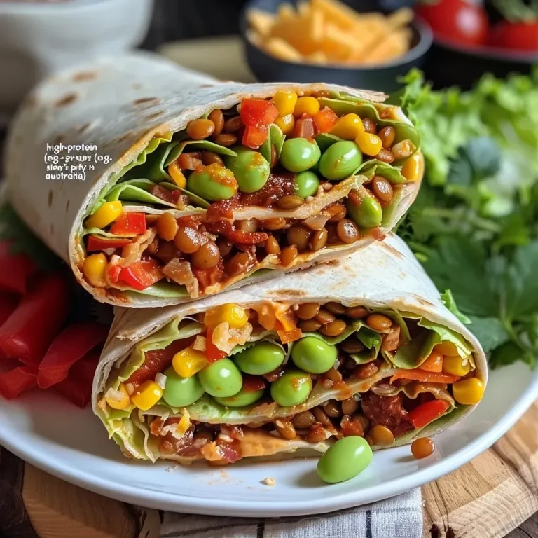 ['Close-up view of a colorful veggie wrap filled with various fresh ingredients.', 'A side view of a delicious veggie wrap showcasing layers of vegetables and sauce.', 'Juicy veggie wrap filled with edamame, lentils, and vibrant vegetables, captured in detail.', 'An appetizing veggie wrap bursting with color from fresh veggies and cheese, shot from the side.']