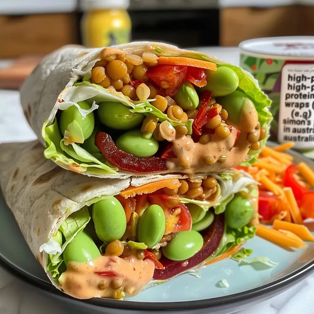 ['Close-up view of a colorful veggie wrap filled with various fresh ingredients.', 'A side view of a delicious veggie wrap showcasing layers of vegetables and sauce.', 'Juicy veggie wrap filled with edamame, lentils, and vibrant vegetables, captured in detail.', 'An appetizing veggie wrap bursting with color from fresh veggies and cheese, shot from the side.']