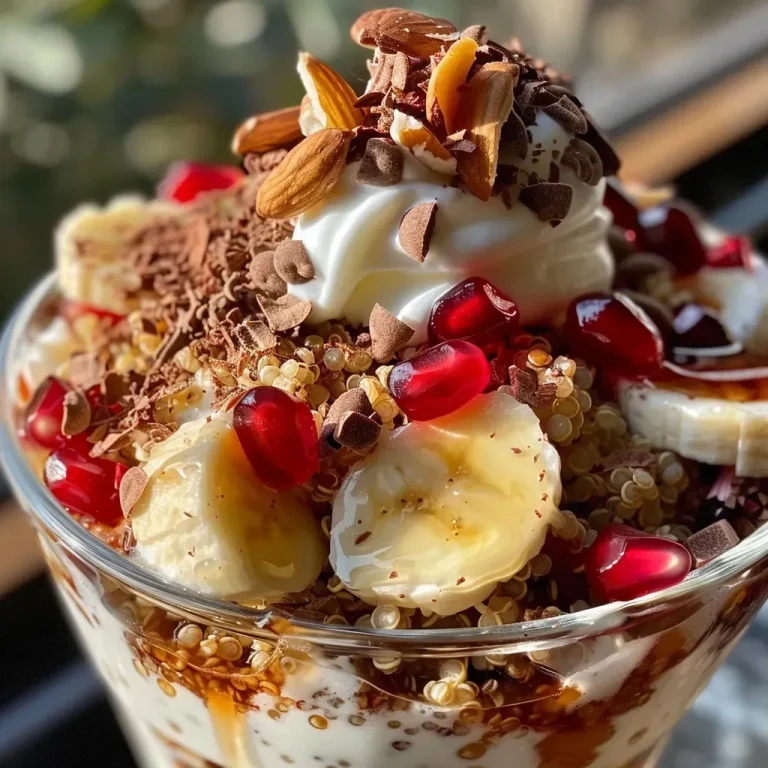 ['Close-up of a colorful yogurt quinoa parfait layered with pomegranate seeds and cocoa nibs.', 'Side view of a creamy yogurt parfait with quinoa, topped with jam and fresh fruit.', 'Delicious yogurt quinoa parfait showcasing vibrant layers of yogurt, quinoa, and pomegranate seeds.', 'Tasty yogurt parfait featuring quinoa and topped with agave syrup and cocoa nibs.']