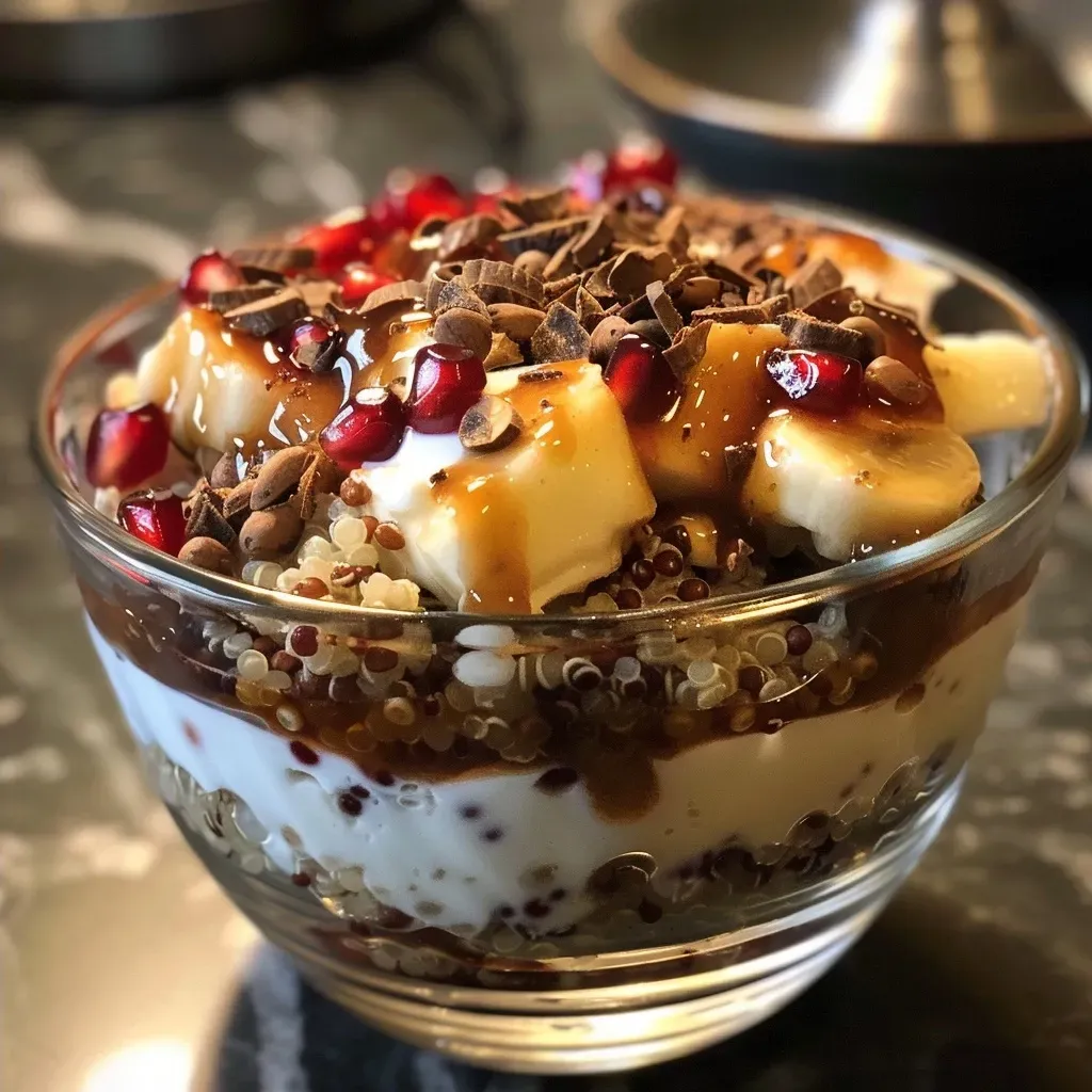 Close-up of a colorful yogurt quinoa parfait layered with pomegranate seeds and cocoa nibs.
