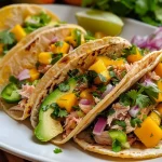 ['Close-up of zesty tuna tacos filled with mango and avocado salsa.', 'Side view of colorful tuna tacos topped with fresh mango and avocado.', 'Juicy tuna tacos displayed with vibrant mango avocado salsa.', 'Detailed shot of zesty tacos showcasing tuna and tropical salsa.']