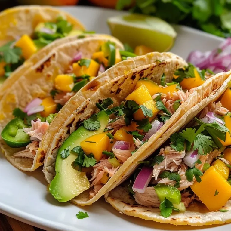['Close-up of zesty tuna tacos filled with mango and avocado salsa.', 'Side view of colorful tuna tacos topped with fresh mango and avocado.', 'Juicy tuna tacos displayed with vibrant mango avocado salsa.', 'Detailed shot of zesty tacos showcasing tuna and tropical salsa.']