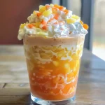 Close-up view of a glass filled with colorful candy corn punch, topped with whipped cream and candy corn.
