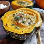 Close-up of a bowl filled with creamy acorn squash soup, garnished with a dollop of sour cream.