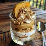 A close-up side view of an Acorn Squash Yogurt Breakfast Parfait in a glass, showcasing layers of roasted squash and yogurt.