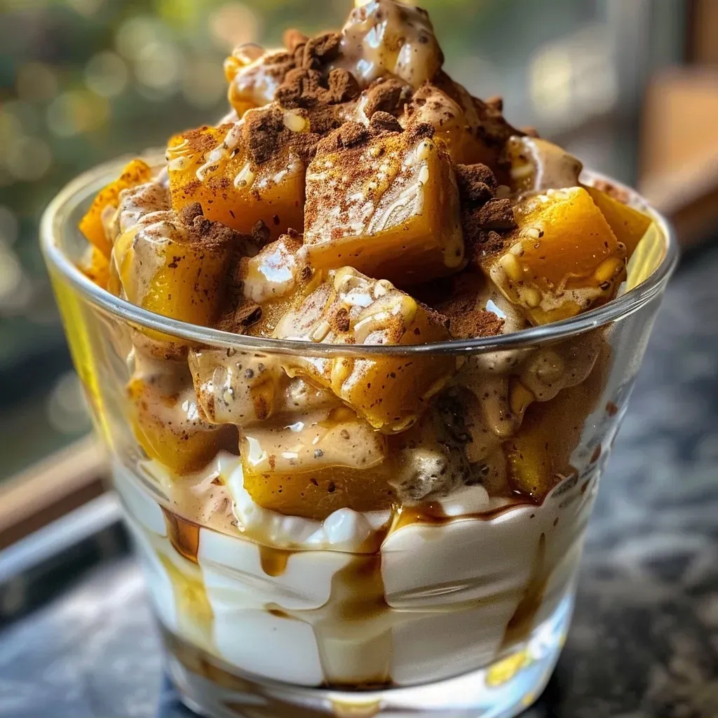 A delicious Acorn Squash Yogurt Breakfast Parfait featuring vibrant colors and textures, served in a clear container.