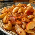 Close-up view of juicy Air Fryer apples in a bowl, showing bite-sized pieces.