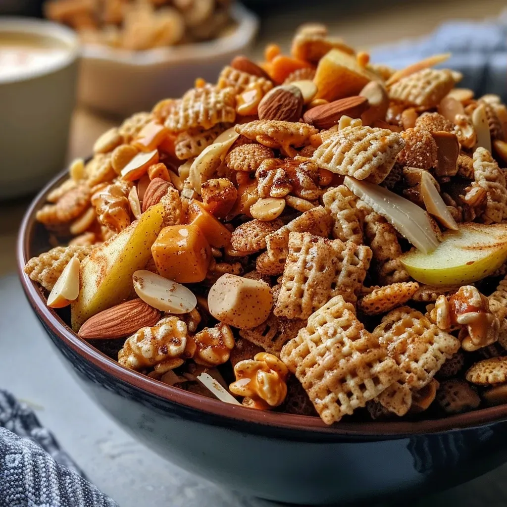 Close-up view of Air Fryer Caramel Apple Trail Mix with a variety of ingredients.