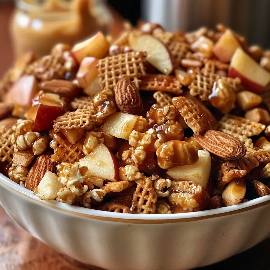 Side perspective of colorful Air Fryer Caramel Apple Trail Mix in a bowl.