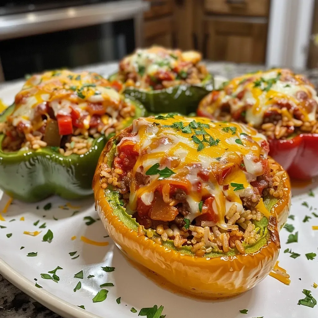 Close-up view of juicy Air Fryer Stuffed Peppers filled with ground beef and cheese.