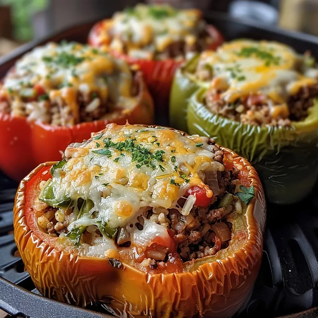 Side perspective of colorful bell peppers stuffed with meat and rice, showcasing a delicious filling.