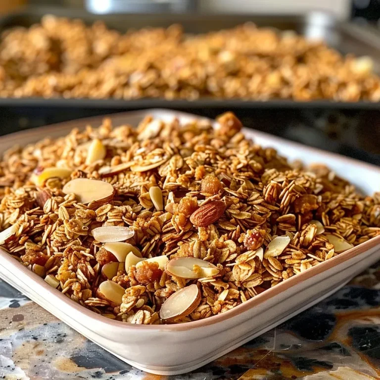 Close-up of a bowl filled with Apple Butter Granola showcasing rolled oats and freeze-dried apples.
