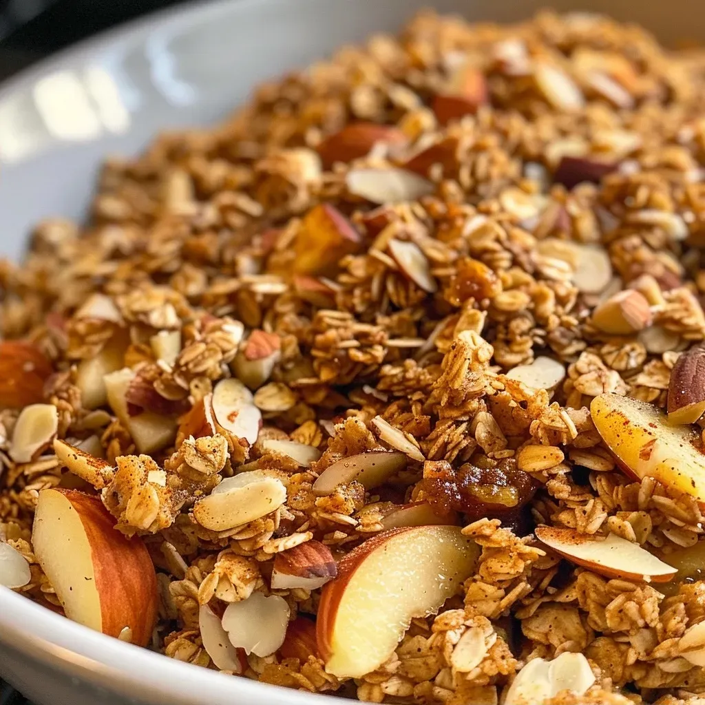Side view of a textured mix of granola, apple butter, and slivered almonds in a bowl.