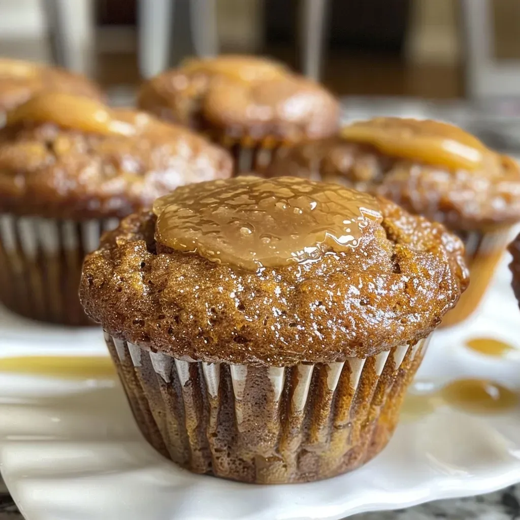 Close-up side view of freshly baked apple butter muffins with a golden-brown top.