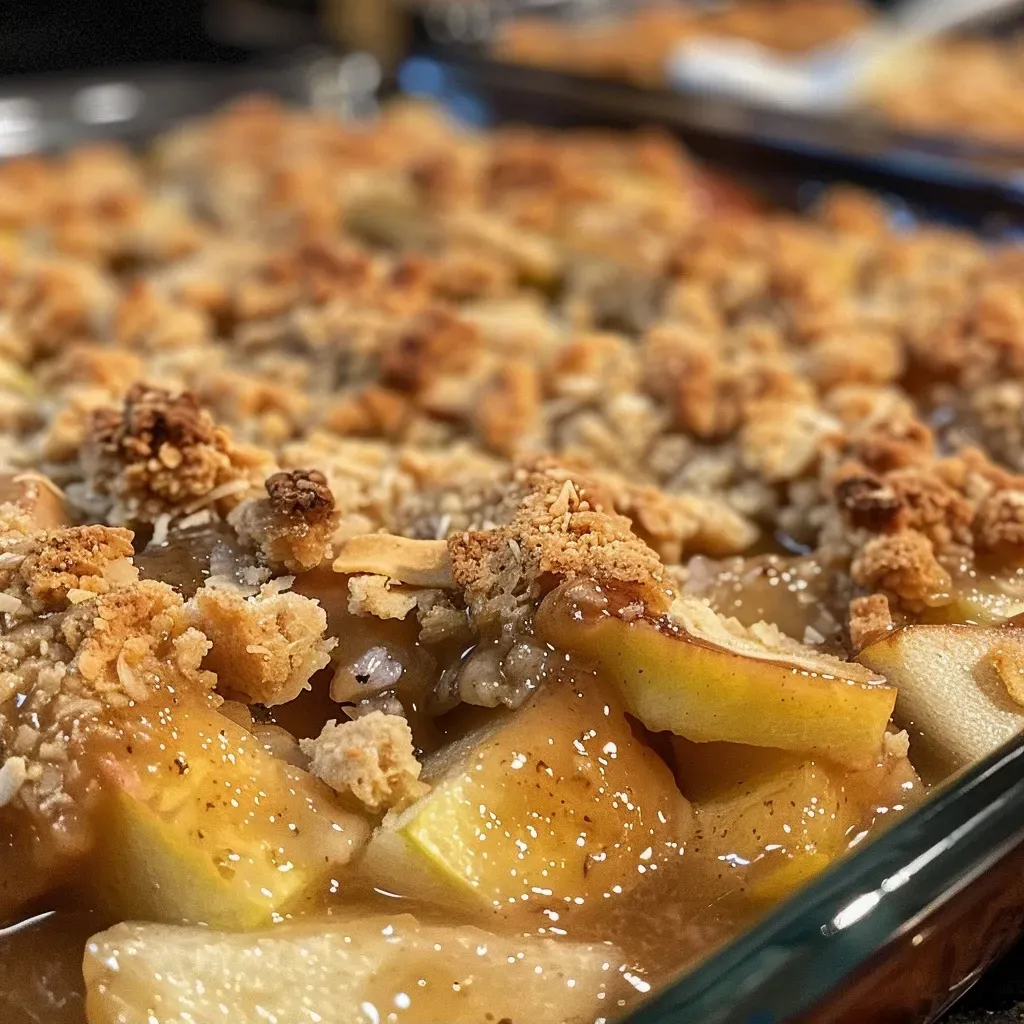 Side view of a fresh apple cobbler, showcasing its juicy filling and crisp topping, captured on an iPhone.