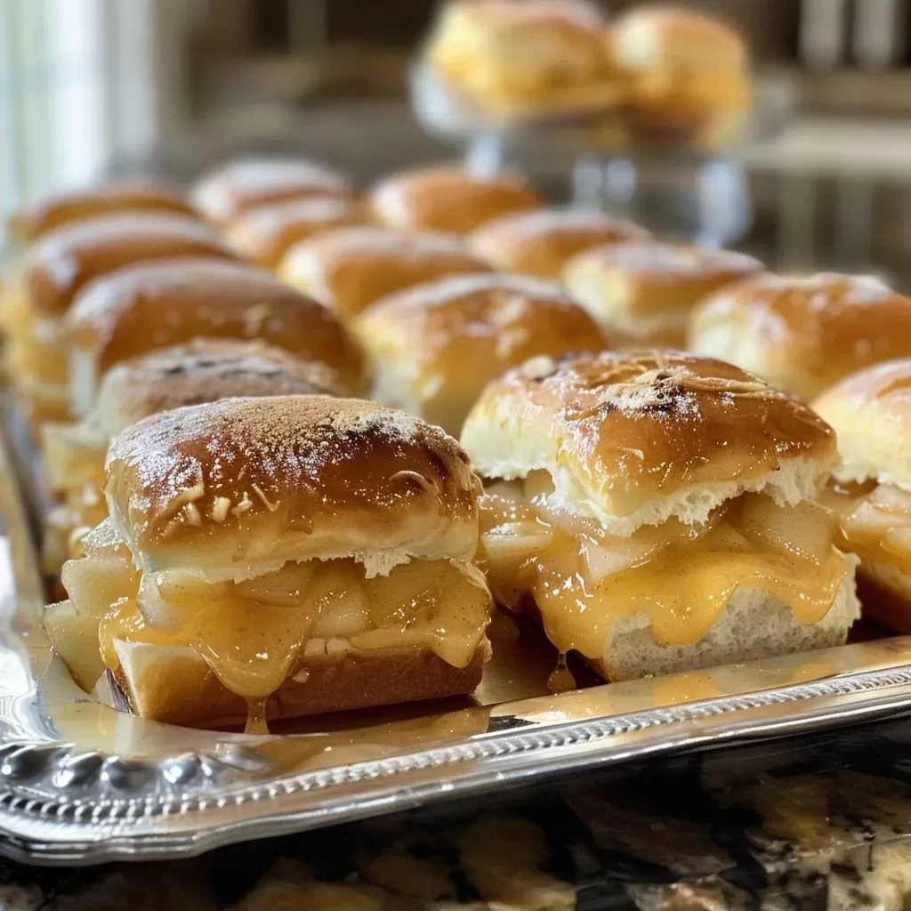A side view of Apple Cheddar Sliders with melted cheese and apple filling visible.