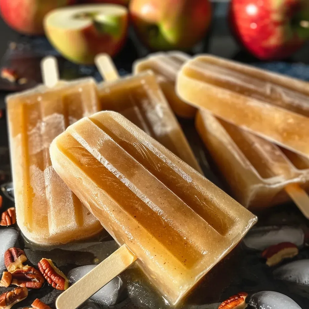 Side view of frozen apple cider popsicles, showcasing vibrant apple pieces and toppings.
