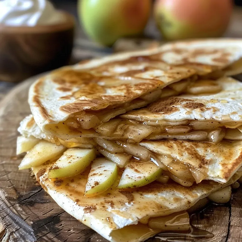Side view of toasted quesadillas filled with apples and cinnamon, drizzled with syrup.