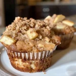 Close-up view of warm, golden-brown Apple Cinnamon Muffins topped with a brown sugar streusel.