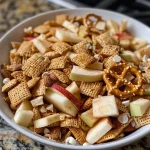 An up-close side view of a bowl filled with Apple Cinnamon Snack Mix, showcasing various ingredients.