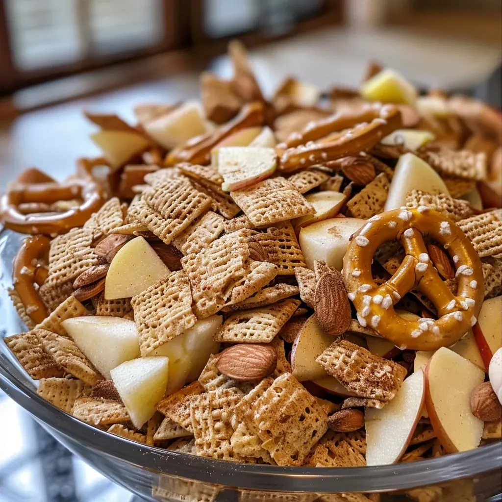 A detailed view of Apple Cinnamon Snack Mix, featuring cinnamon Chex, apple chip slices, pretzels, cinnamon almonds, and white chocolate chips.