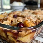 A close-up side view of golden brown apple cobbler topped with a scoop of vanilla ice cream.