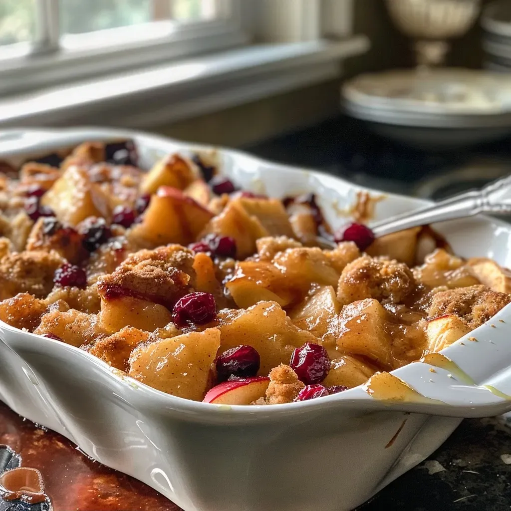 Freshly baked apple cobbler with a crispy topping, served with a dollop of whipped cream.
