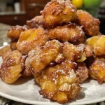 Close-up view of golden-brown Apple Fritter Bites topped with a glossy glaze.