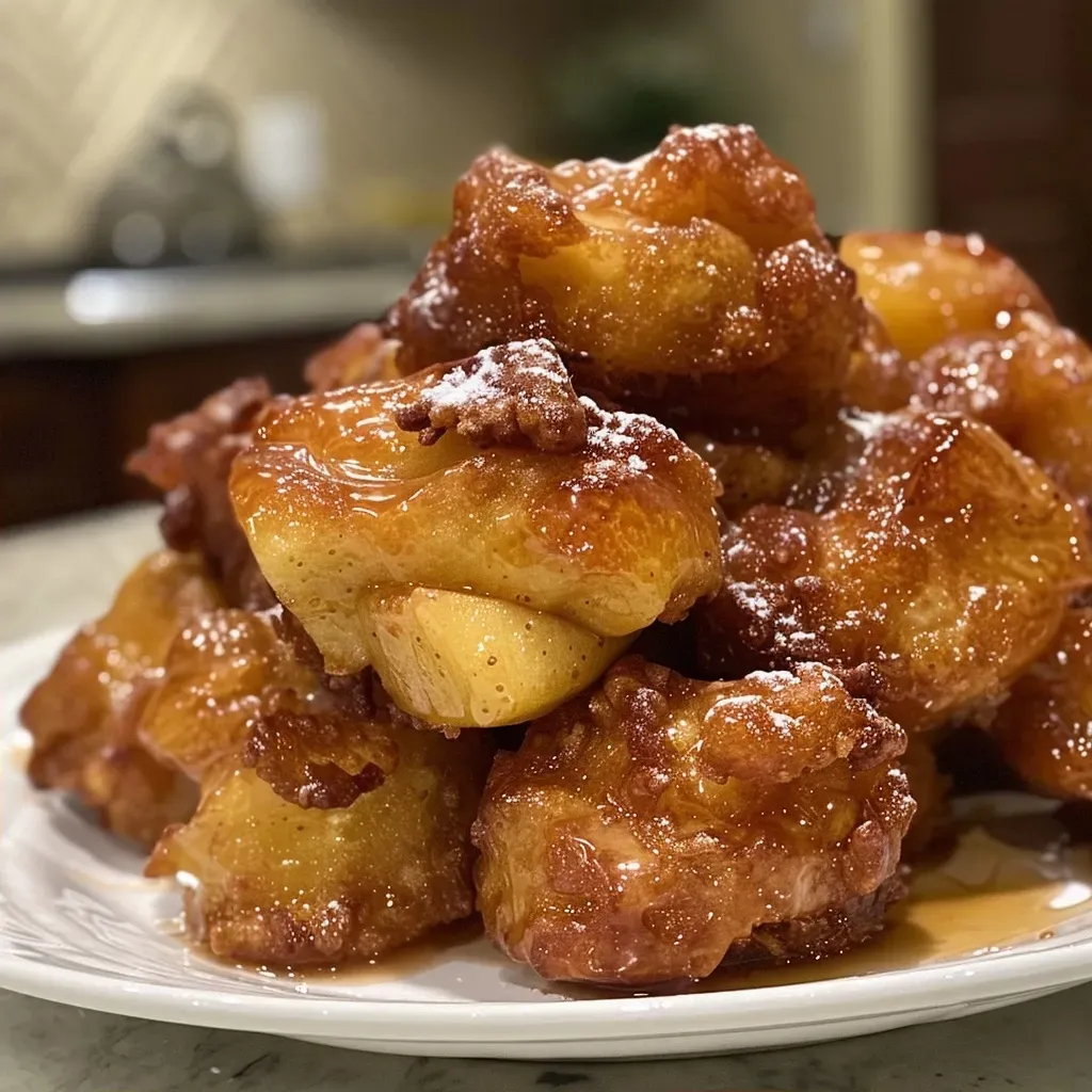 Side view of delicious Apple Fritter Bites with visible apple chunks and glaze.