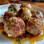 Close-up view of juicy Apple Maple Turkey Meatballs served on a plate.