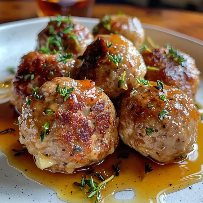 Close-up view of juicy Apple Maple Turkey Meatballs served on a plate.