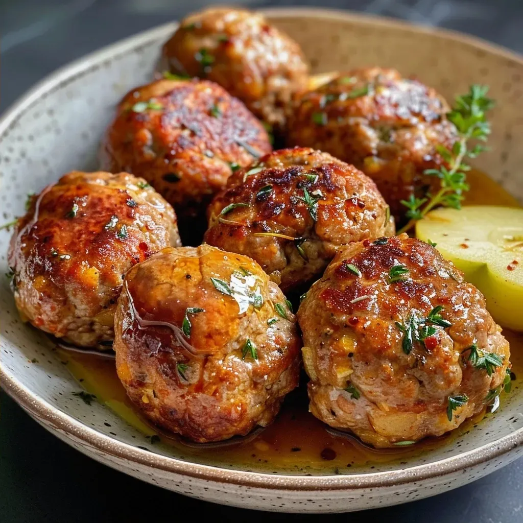 Side view of cooked Apple Maple Turkey Meatballs garnished with fresh thyme.