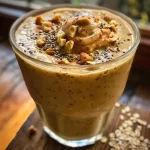 Close-up view of a creamy Apple Peanut Butter Oatmeal Smoothie in a glass, garnished with chopped walnuts.